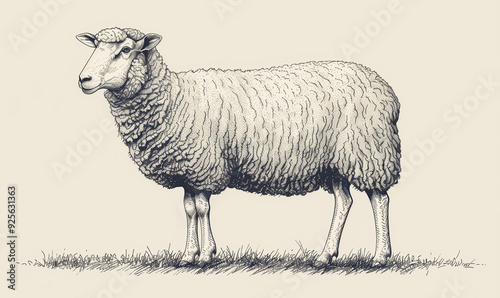 Sheep, lamb. Vintage retro print, black white sheep lamb sketch ink pencil style drawing, engrave old school. Sketch artwork silhouette farm sheep lamb. Side view profile. Illustration