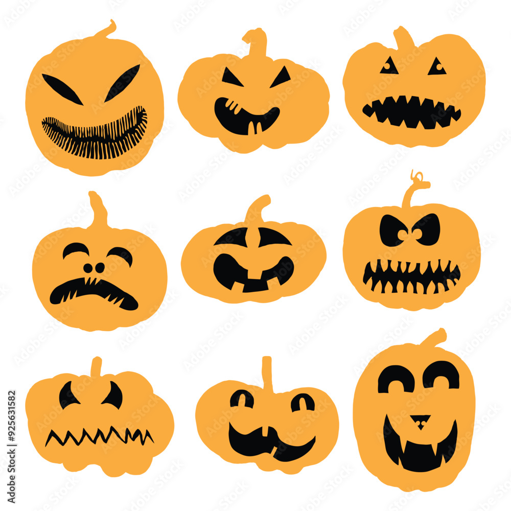 Obraz premium Halloween faces and pumpkins icon set. Spooky orange pumpkin smiles on white background. Emotional pumpkin face gestures for Halloween holiday and design decoration. Vector.