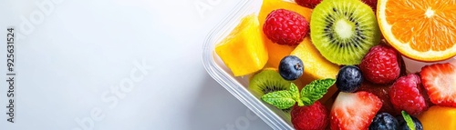 Vibrant Freshly Sliced Fruits Arrangement in Plastic Container on White Surface with Copy Space, Flat Design Illustration