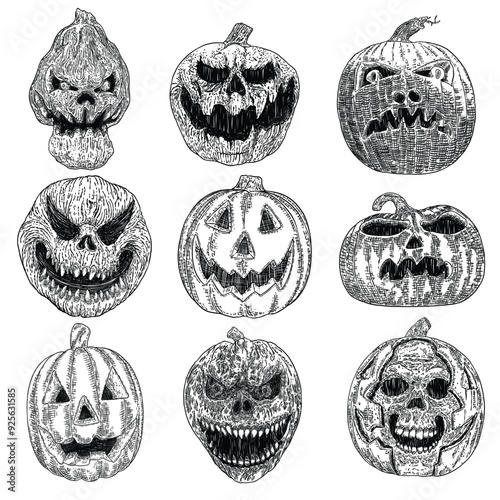 Carved pumpkin candlelight set. Scary dark Halloween pumpkin lanterns. Evil smile from Halloween Jack o lantern. Scary pumpkin face smile and eyes, set. Infernal atmosphere symbol. Vector.