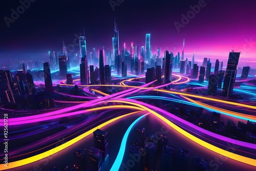 A cityscape with neon lights and a neon sign that says "Welcome to the City"