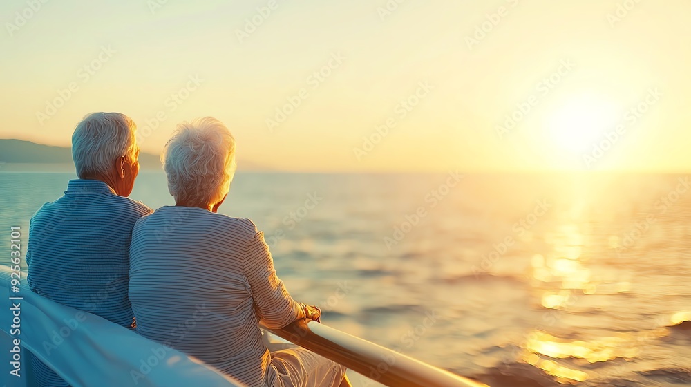 Fototapeta premium A joyful elderly couple enjoying a serene sunset by the ocean, symbolizing love, companionship, and life's beautiful moments.