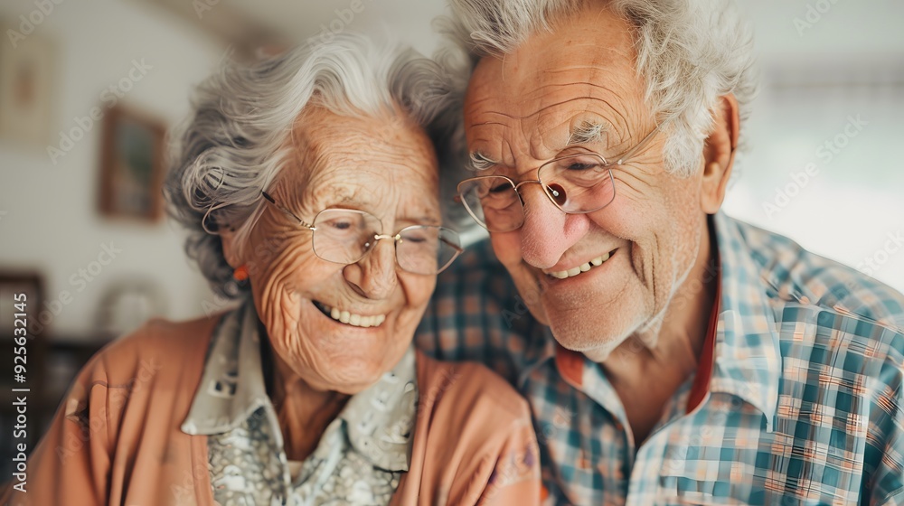 Smiling Elderly Couple Reminiscing Over Old Photographs, Cherished Memories on Memory Lane Smiling Elderly Couple Reminiscing Over Old Photographs, Cherished Memories on Memory Lane