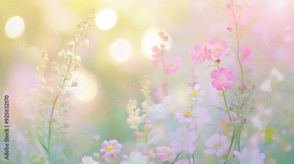 summer flowers on Blurred background with soft pastel colors, bokeh effect, pink green yellow white summer flowers on Blurred background with soft pastel colors, bokeh effect, pink green yellow white