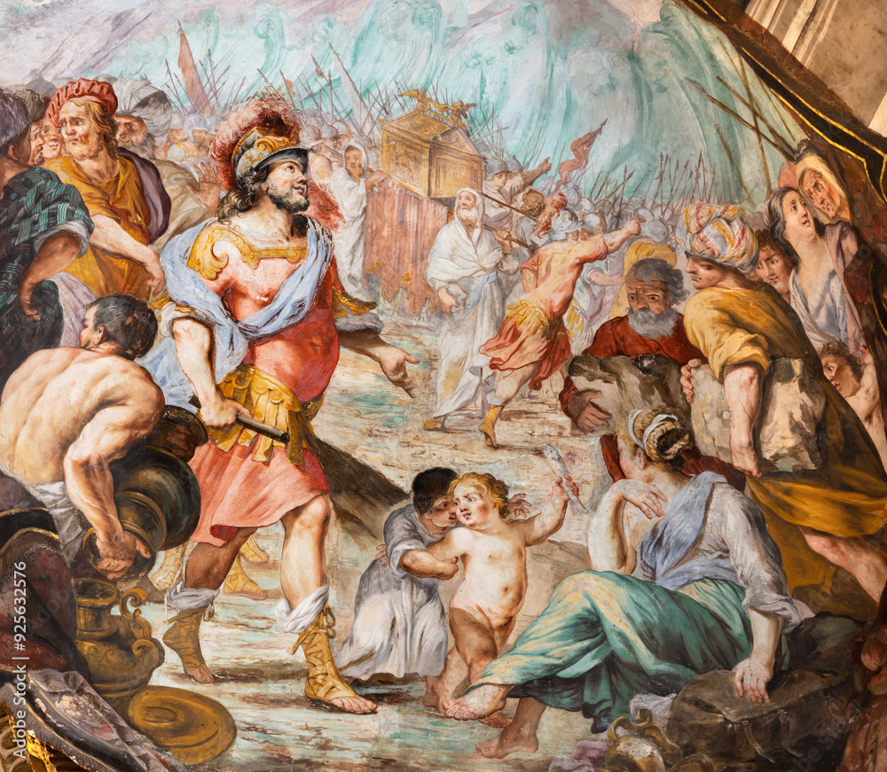 PERUGIA, ITALY - MAY 16, 2024: The ceiling fresco of Joshua and ark of the covenant in the church Chiesa del Gesu by Giovanni Andrea Carlone form 17. cent. PERUGIA, ITALY - MAY 16, 2024: The ceiling fresco of Joshua and ark of the covenant in the church Chiesa del Gesu by Giovanni Andrea Carlone form 17. cent.