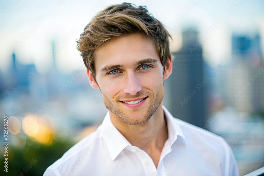 A handsome young man with short brown hair and bright blue eyes smiles confidently, wearing a white shirt and standing against a blurred city background. A handsome young man with short brown hair and bright blue eyes smiles confidently, wearing a white shirt and standing against a blurred city background.