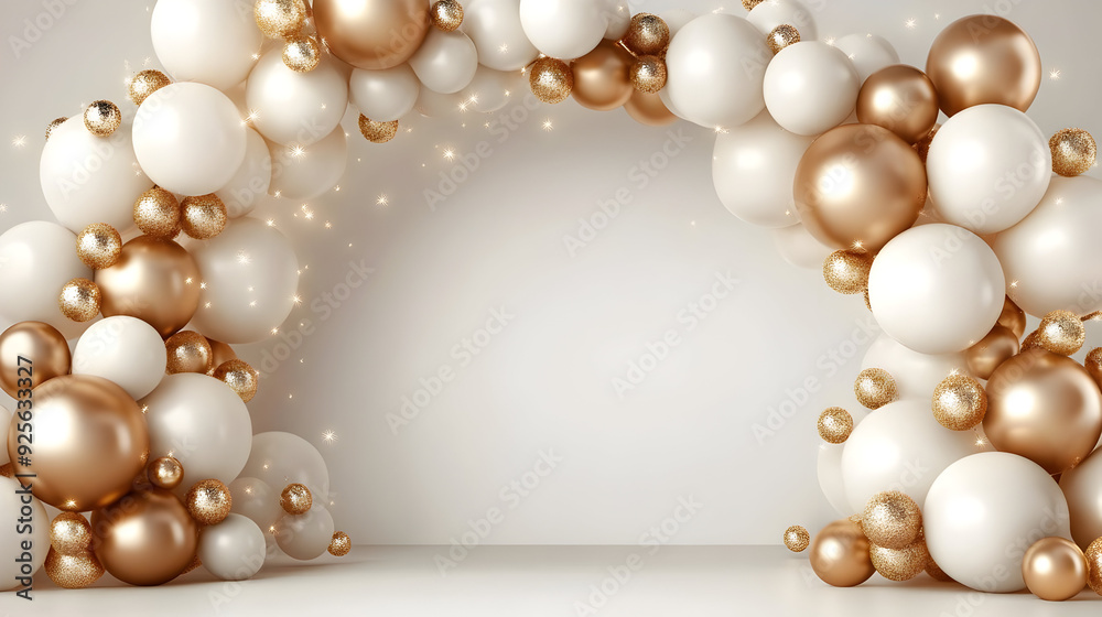 Decorative balloon arch in gold and white for events. Decorative balloon arch in gold and white for events.