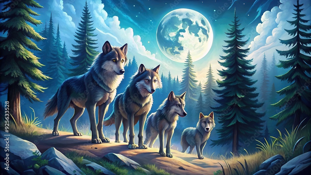 Naklejka premium A majestic wolf pack roams freely in a stylized vector illustration, showcasing their strong bond and unity in a vivid, moonlit forest landscape.