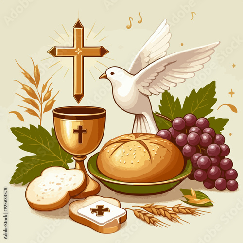 A cross, a white dove, and a cup of bread are arranged on a table. Concept of peace and spirituality, as the dove is often associated with the Holy Spirit and the cross is a symbol of Christianity