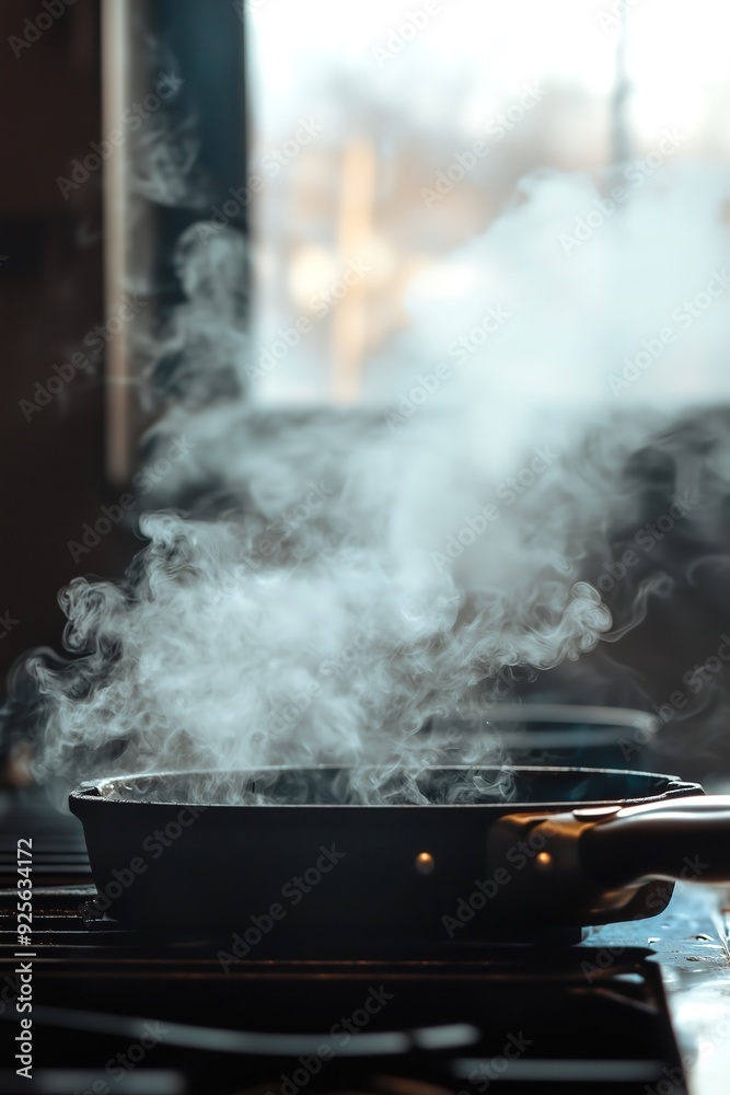 A close-up of a black frying pan on a stove with steam rising, indicating cooking in progress. A close-up of a black frying pan on a stove with steam rising, indicating cooking in progress.
