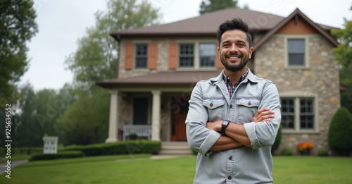 A proud Latino man stands in front of his house, smiling confidently as a homeowner, embodying achievement and satisfaction.