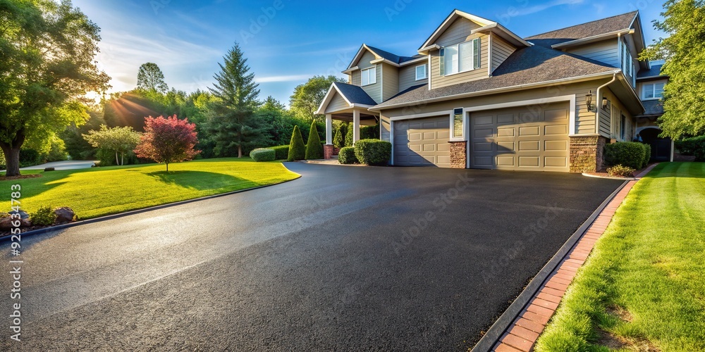 A perfectly paved asphalt driveway with a fresh layer of dark sealcoat glistens in the sunlight, showcasing a well-maintained residential exterior. A perfectly paved asphalt driveway with a fresh layer of dark sealcoat glistens in the sunlight, showcasing a well-maintained residential exterior.