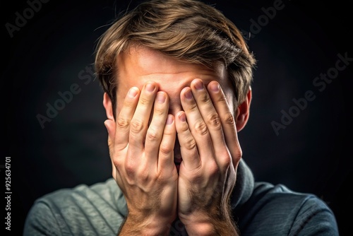 A person's hands cover their face in embarrassment or shame, with fingers splayed and eyes cast downward, conveying a sense of humility and self-consciousness.