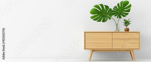 Scandinavian Home With Wooden Commode And Tropical Leaf In Vase