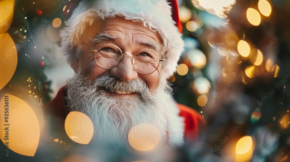 Joyful Santa Claus Peeking From Christmas Wreath, Golden Bokeh Lights Background, Holiday Cheer Joyful Santa Claus Peeking From Christmas Wreath, Golden Bokeh Lights Background, Holiday Cheer