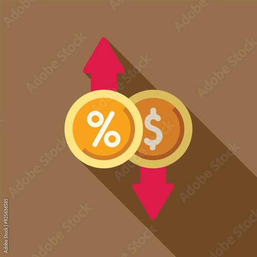 Concept of interest rate increasing while dollar value is decreasing, with coins and up and down arrows