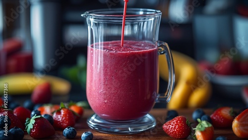 A vibrant glass of mixed berry smoothie, adorned with fresh strawberries, blueberries, and bananas, evokes a refreshing, healthy treat perfect for any occasion. photo