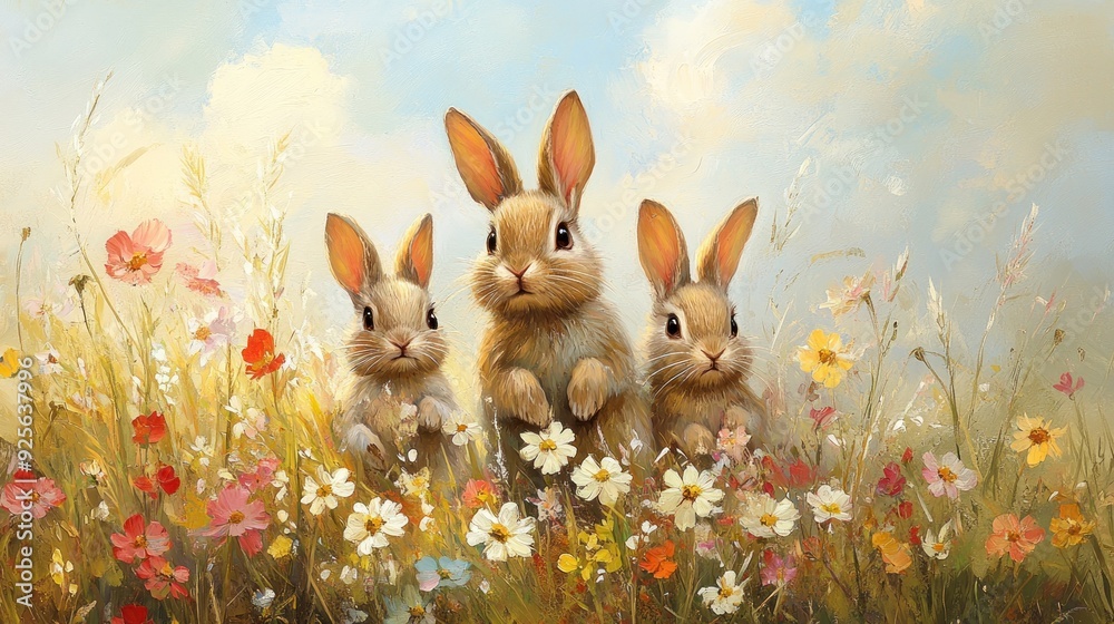 Fototapeta premium Three Adorable Bunnies in a Flower Field