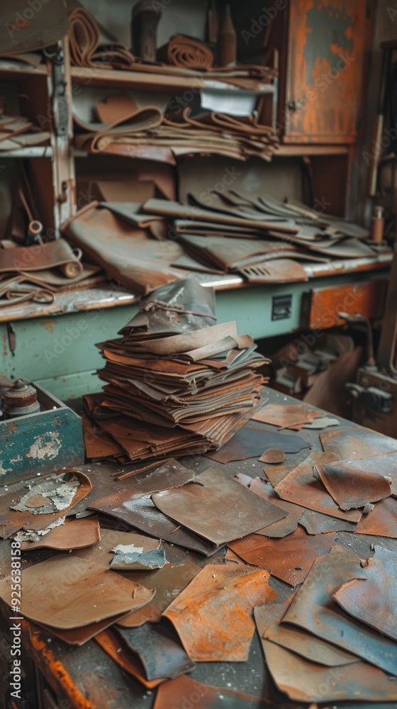 Leather scraps on workshop table. Leather scraps on workshop table.