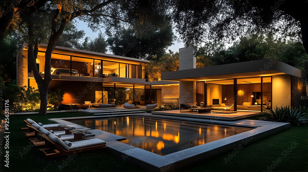 Modern house with a pool and landscaped garden at twilight. Modern house with a pool and landscaped garden at twilight.