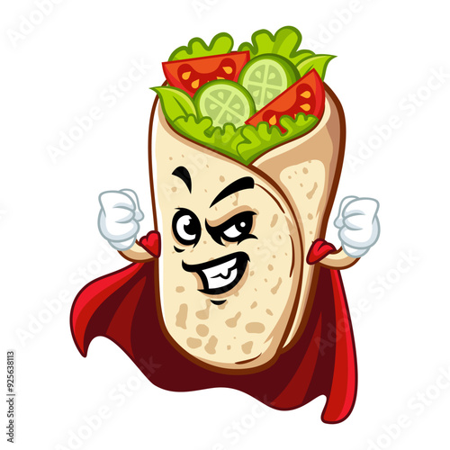 Cartoon superhero burrito with a red cape, flexing its muscles.