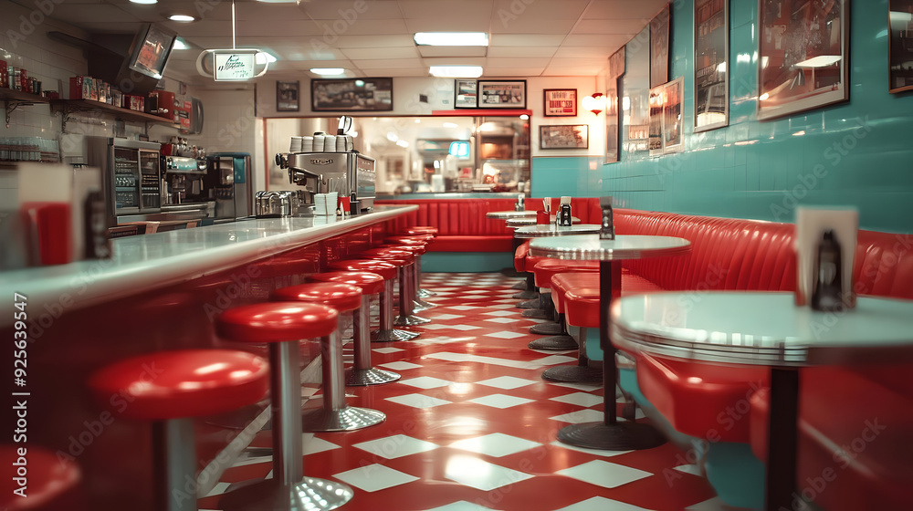 Retro diner interior with red seating and checkered floor. Retro diner interior with red seating and checkered floor.