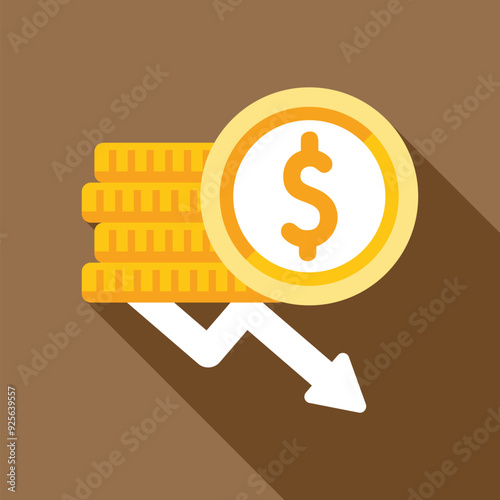 Stack of gold coins with a downward arrow representing decreasing dollar value