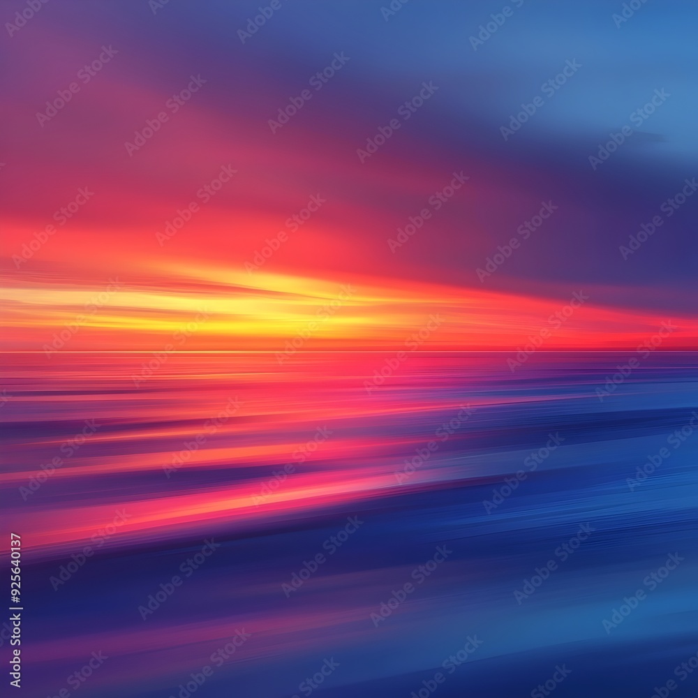 A mesmerizing sunset with vibrant orange, pink, and blue tones blending seamlessly over a serene ocean, reflecting the colorful sky in the calm water, evoking tranquility and peace.