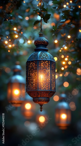 Enchanted Twilight Lanterns: Elegant Metalwork, Warm Glow Amidst Foliage, and Twinkling Lights in a Serene Outdoor Garden Setting