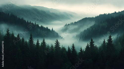 Serene misty valley surrounded by dense evergreen forests.