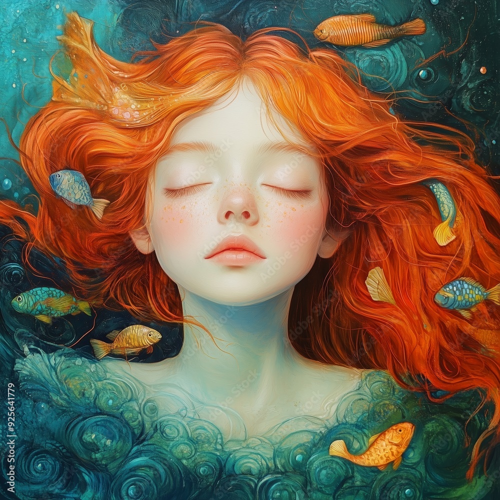A girl with flowing red hair surrounded by colorful fish in a serene underwater setting A girl with flowing red hair surrounded by colorful fish in a serene underwater setting