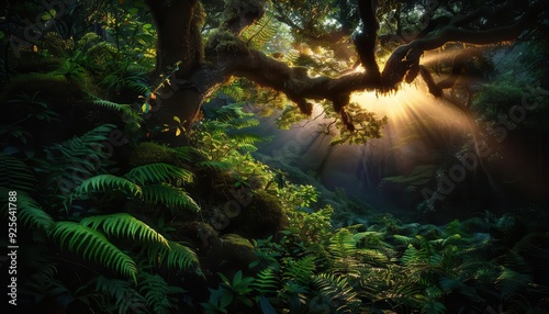 Adventurous journey through a dense forest, sunlight streaming through the canopy, creating a sense of exploration, Realism, Natural colors, Detailed