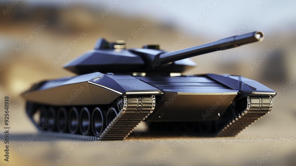 Modern Black Tank on Desert Terrain Modern Black Tank on Desert Terrain