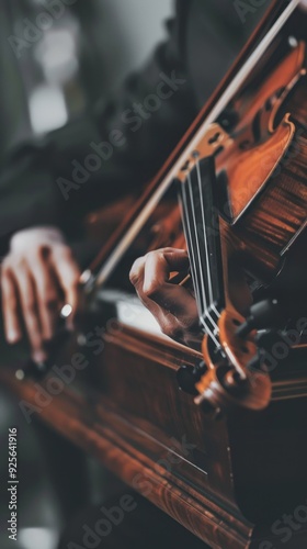 Close-up of violinist's hand playing violin.