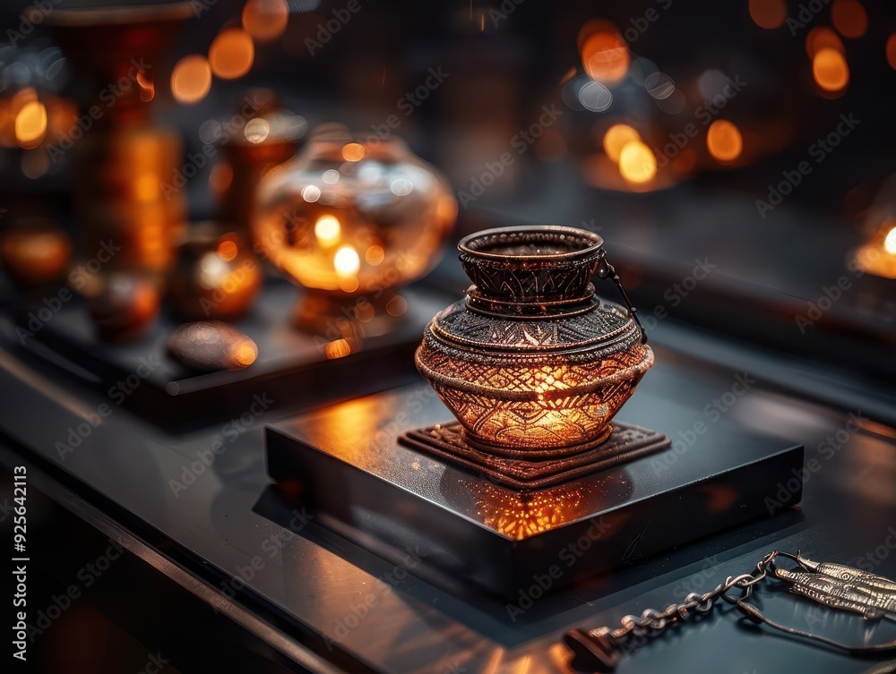 Ancient relics displayed in a museum setting, softly lit to highlight ...