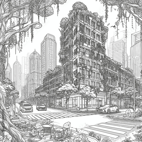 A city street overtaken by nature, with vines climbing buildings, trees growing vector coloring page 