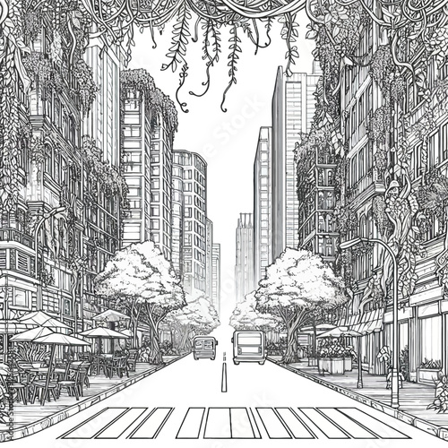 A city street overtaken by nature, with vines climbing buildings, trees growing vector coloring page 