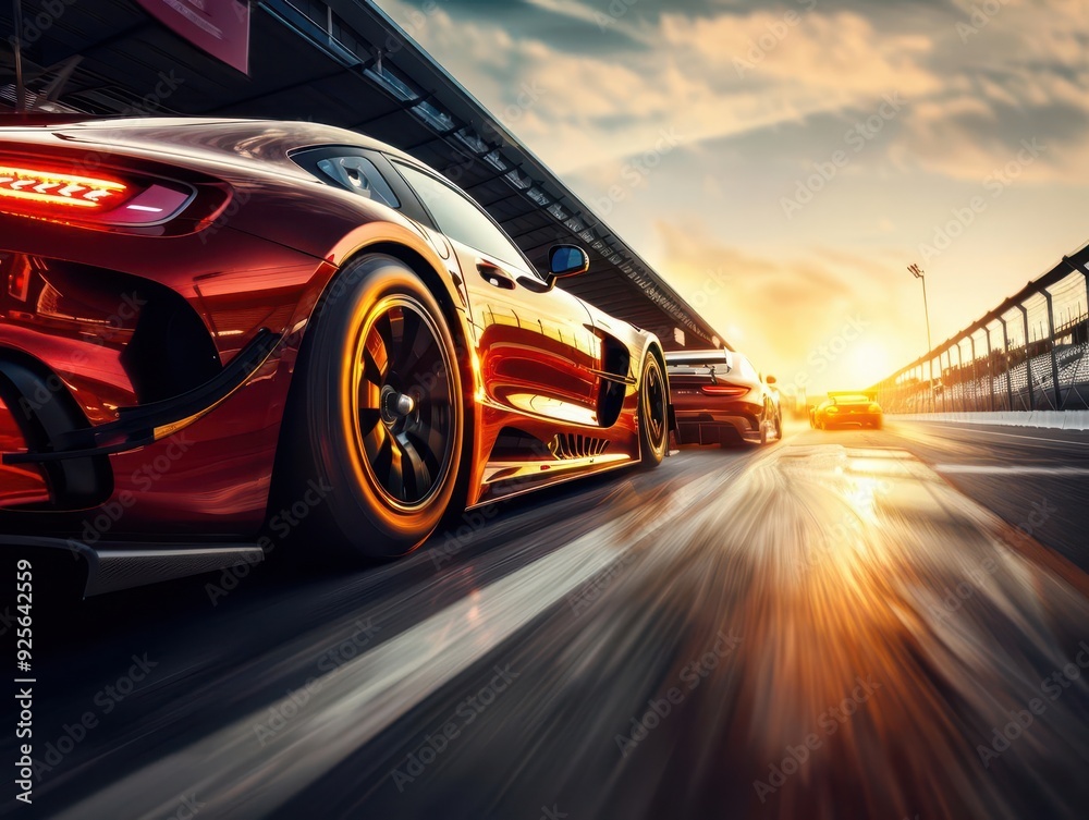 Naklejka premium Racing competition with cars speeding towards the finish line, creating a dynamic and thrilling scene, Realism, Highspeed photography, Vibrant