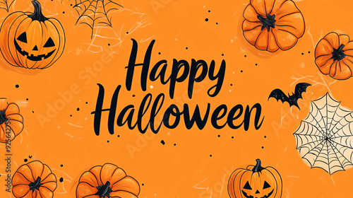 beautiful halloween themed drawing with a pumpkins, spider webs and bats on an orange background with the word happy halloween written in the design