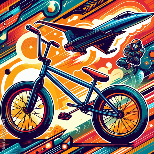 A colorful painting of a bike, jet and a man in a suit. The bike is blue and the jet is blue and red. The painting has a sense of motion and excitement