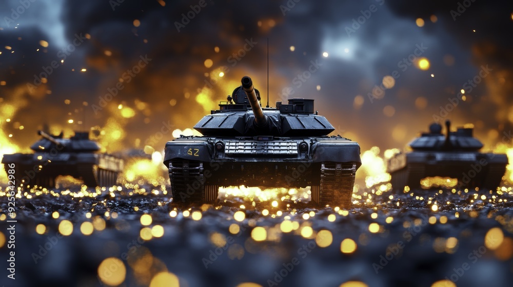 Tank in Battlefield with Explosions and Bokeh Tank in Battlefield with Explosions and Bokeh