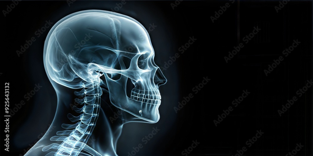 X-ray image of human skull and neck on dark background, with copy space, with empty space, no text, no word, no character, --no logo --no letters --no text, no watermark, --no words