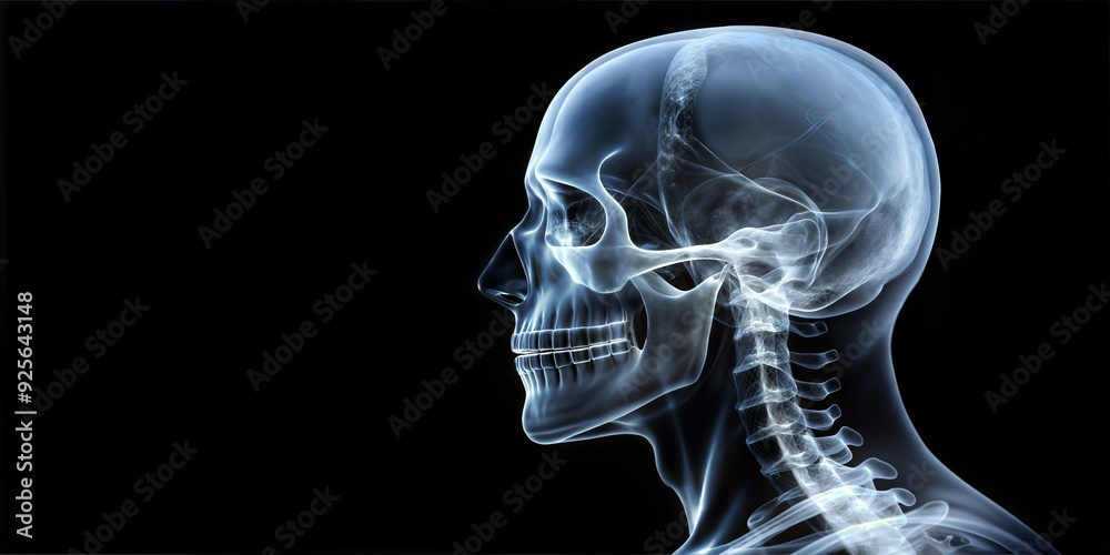 X-ray image of human skull and neck on dark background, with copy space, with empty space, no text, no word, no character, --no logo --no letters --no text, no watermark, --no words X-ray image of human skull and neck on dark background, with copy space, with empty space, no text, no word, no character, --no logo --no letters --no text, no watermark, --no words
