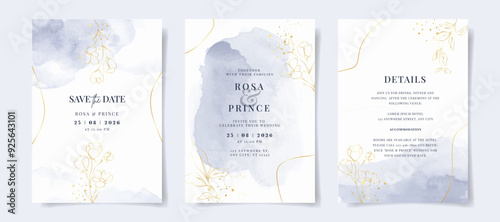 Beautiful watercolor and gold leaves on wedding invitation card template