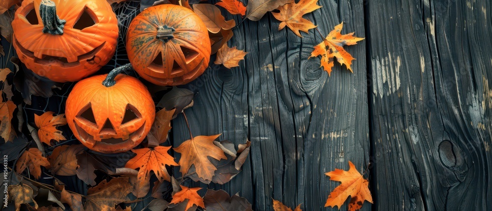 Three carved pumpkins on a wooden surface surrounded by autumn leaves Three carved pumpkins on a wooden surface surrounded by autumn leaves