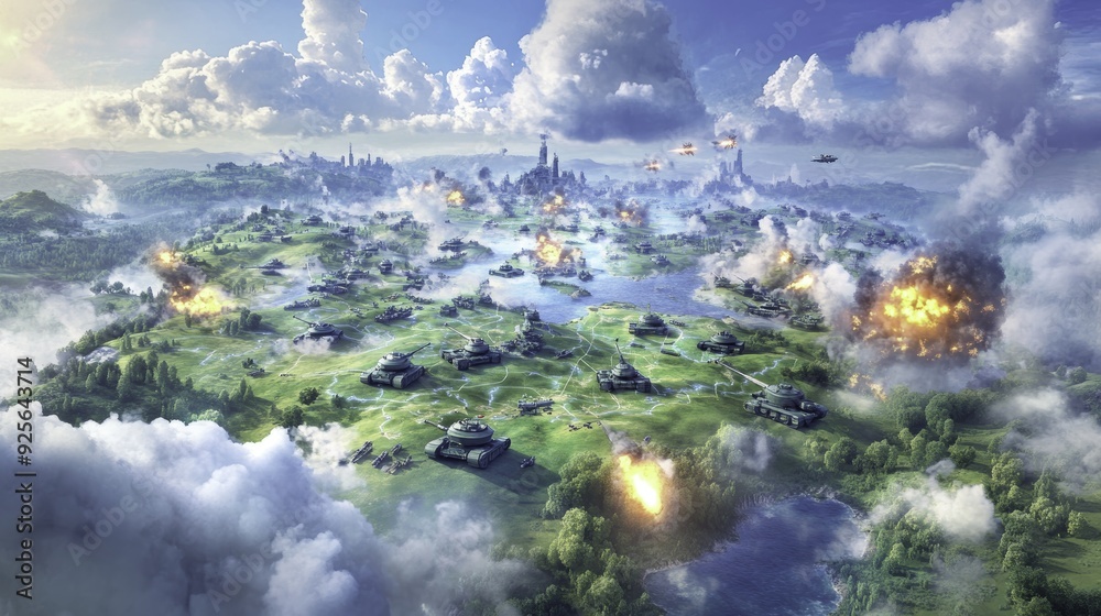 Fototapeta premium Aerial View of City Under Attack, Military Tanks, Smoke