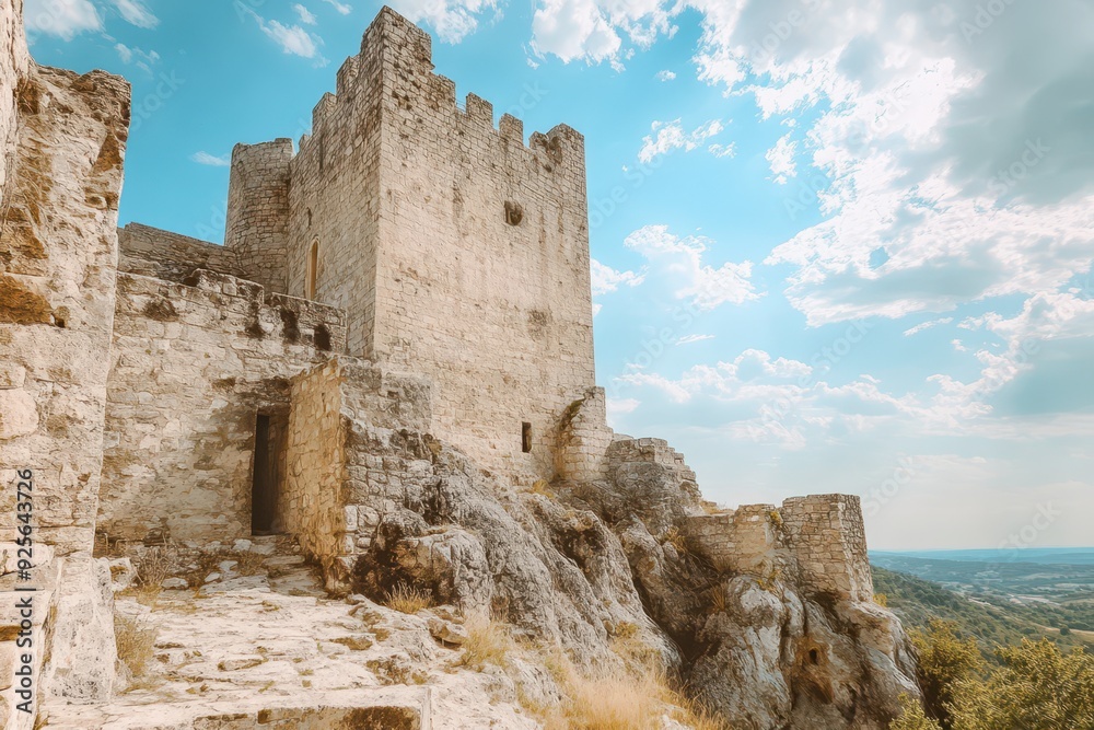 Ancient stone castle ruins on a hillside under a cloudy sky Ancient stone castle ruins on a hillside under a cloudy sky