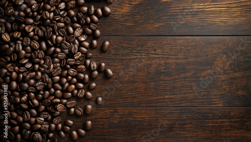 Scattered coffee beans on rustic wooden background.