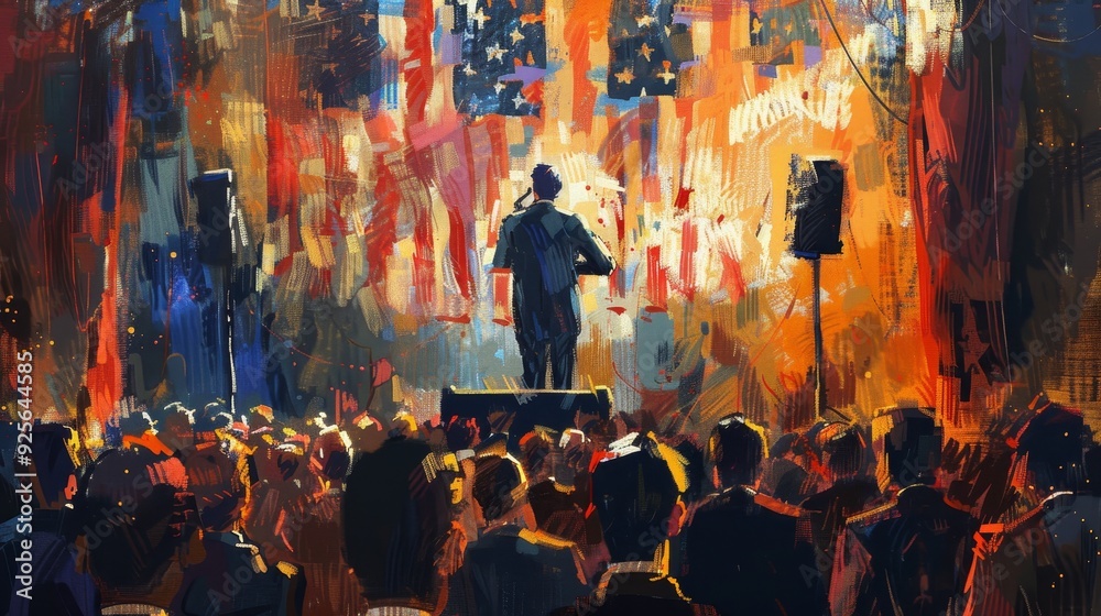 Abstract painting of a political rally with a speaker on stage, American flags, vibrant colors, and a crowd of people in the foreground. Abstract painting of a political rally with a speaker on stage, American flags, vibrant colors, and a crowd of people in the foreground.