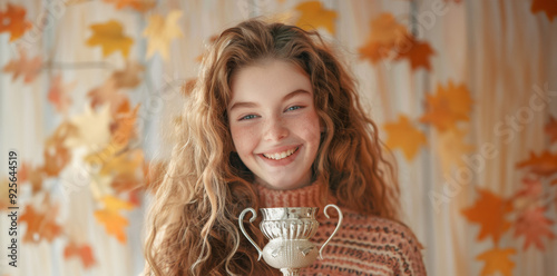 A cheerful young woman in stylish attire beams as she holds a contemporary vintage trophy, her smile and relaxed demeanor showcasing success. photo